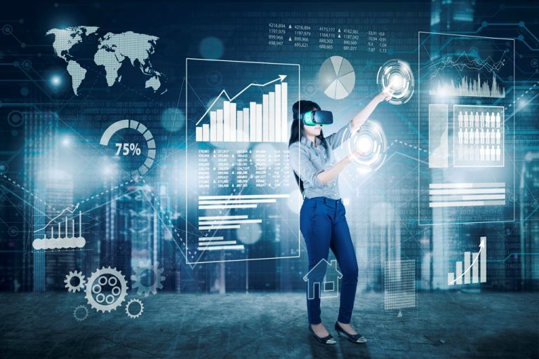 Woman works with Virtual Reality glasses